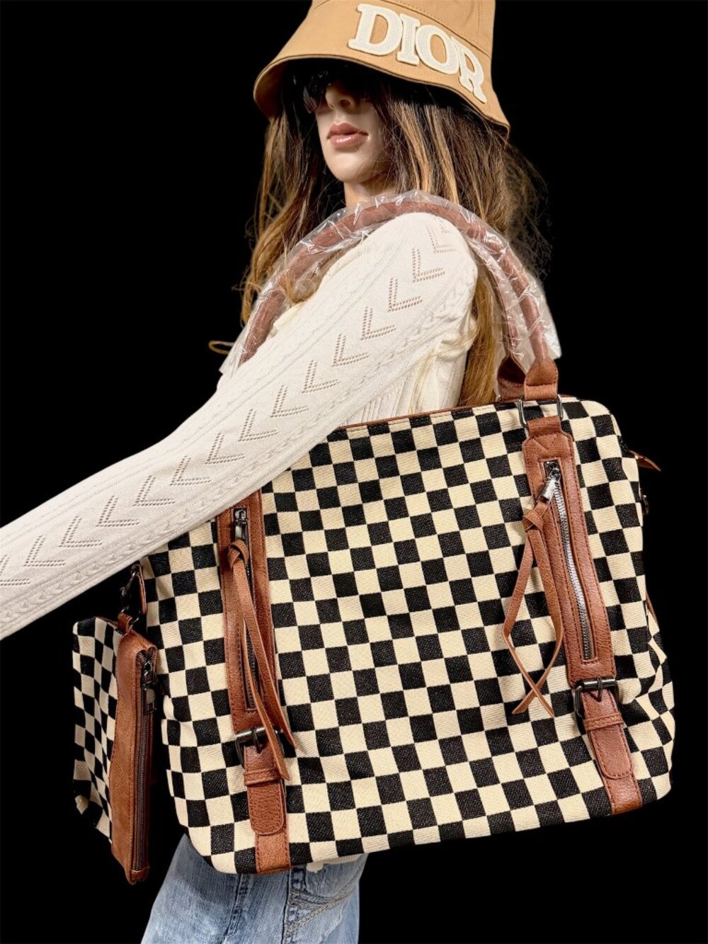 NWT Viral Vintage Style Checkered Canvas and PU Leather Tote Bag